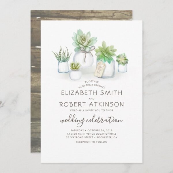 Succulents Rustic Mason Jars | Greenery Wedding Invitation