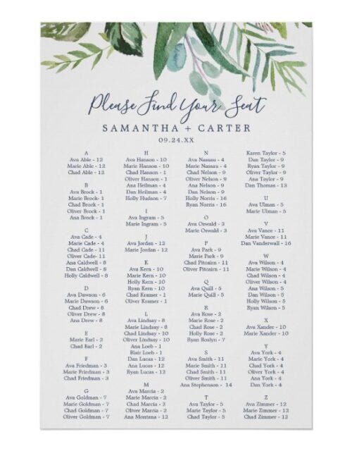 Summer Greenery Alphabetical Seating Chart