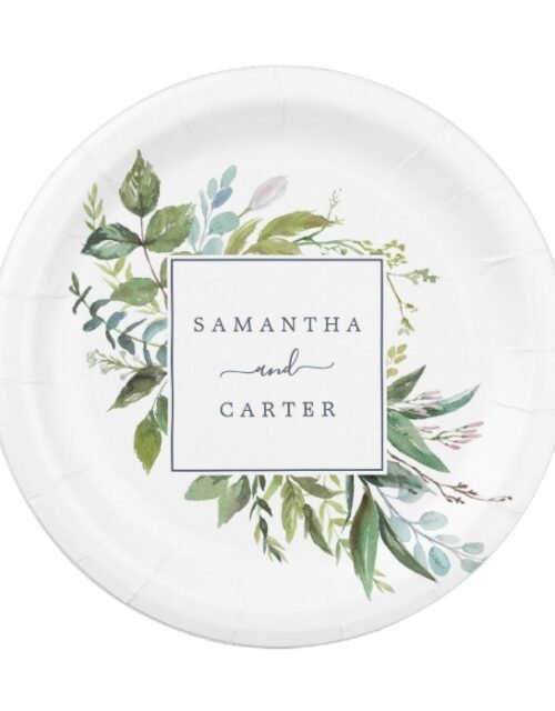 Summer Greenery Bride and Groom Wedding Paper Plate