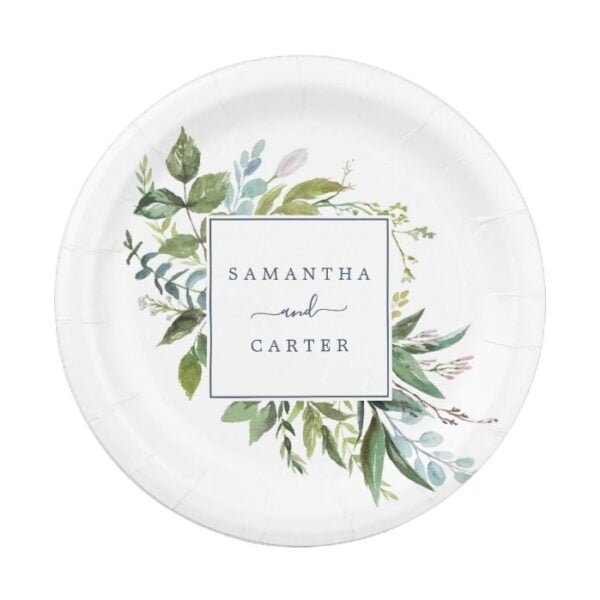 Summer Greenery Bride and Groom Wedding Paper Plate