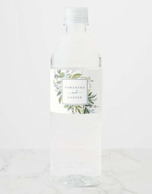 Summer Greenery Wedding Water Bottle Label