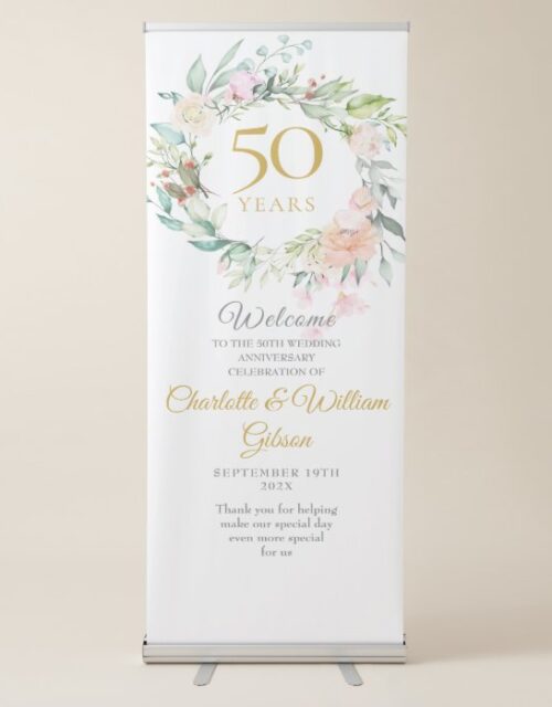 Summer Roses Garland 50th Anniversary Welcome Retractable Banner