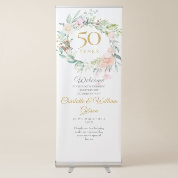 Summer Roses Garland 50th Anniversary Welcome Retractable Banner