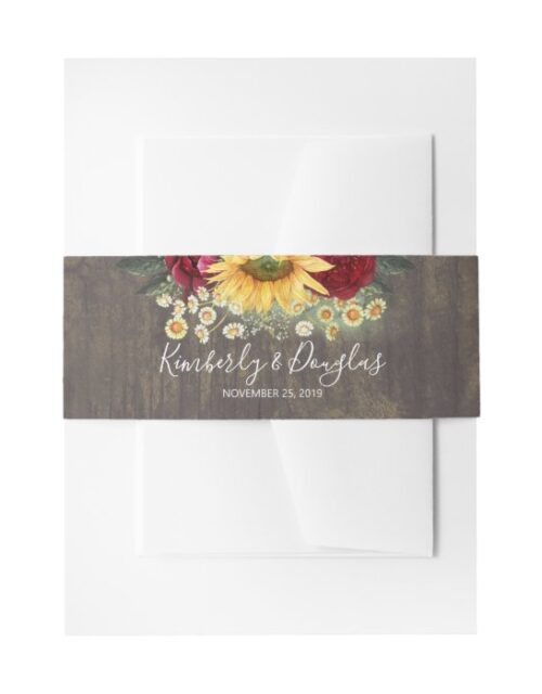 Sunflower and Burgundy Red Roses Rustic Fall Invitation Belly Band