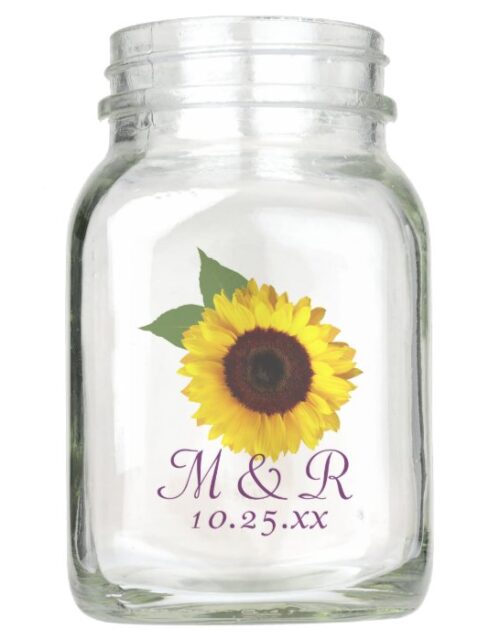 Sunflower and Initials Wedding Reception Vase Mason Jar