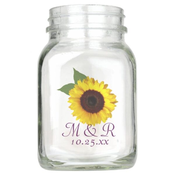 Sunflower and Initials Wedding Reception Vase Mason Jar