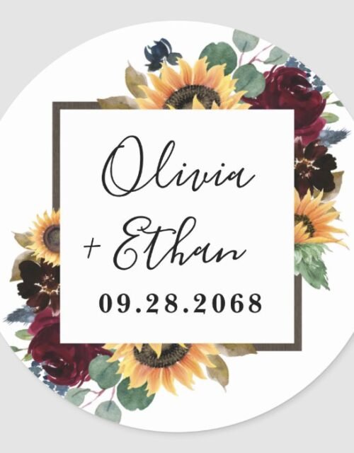 Sunflower and Roses Burgundy Red Navy Blue Wedding Classic Round Sticker