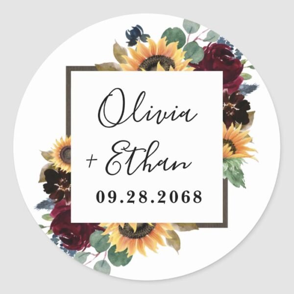 Sunflower and Roses Burgundy Red Navy Blue Wedding Classic Round Sticker