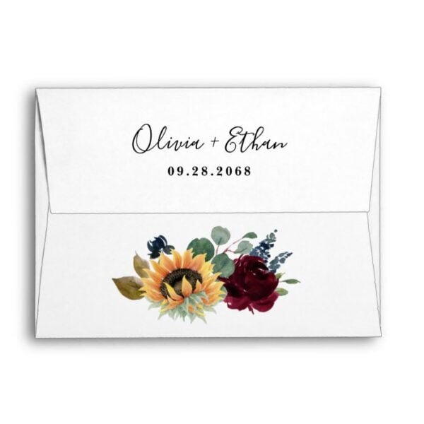 Sunflower and Roses Burgundy Red Navy Blue Wedding Envelope