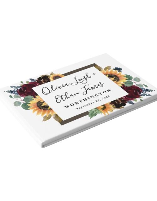 Sunflower and Roses Burgundy Red Navy Blue Wedding Guest Book