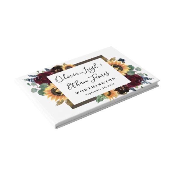 Sunflower and Roses Burgundy Red Navy Blue Wedding Guest Book