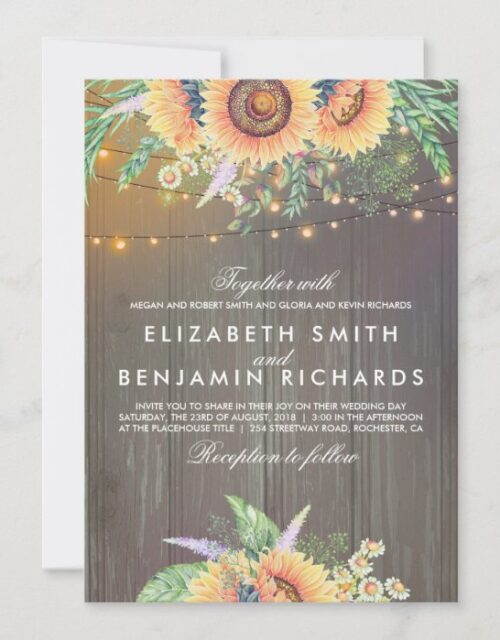 Sunflower and String Lights Rustic Wood Wedding Invitation