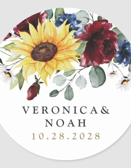 Sunflower Burgundy Roses Navy Blue Rustic Wedding Classic Round Sticker