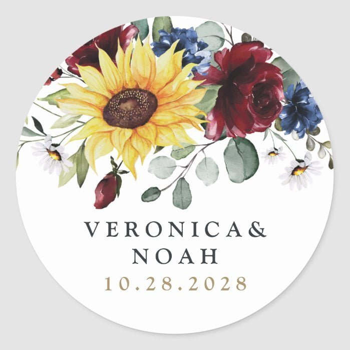 Sunflower Burgundy Roses Navy Blue Rustic Wedding Classic Round Sticker