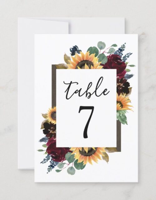 Sunflower Roses Burgundy Navy Wedding Table Number