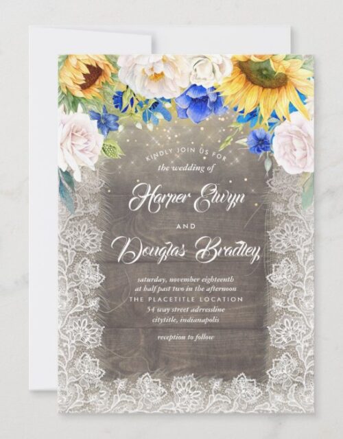 Sunflower White and Blue Rustic Fall Wedding Invitation