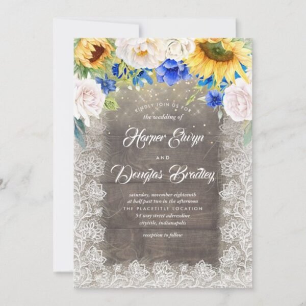 Sunflower White and Blue Rustic Fall Wedding Invitation