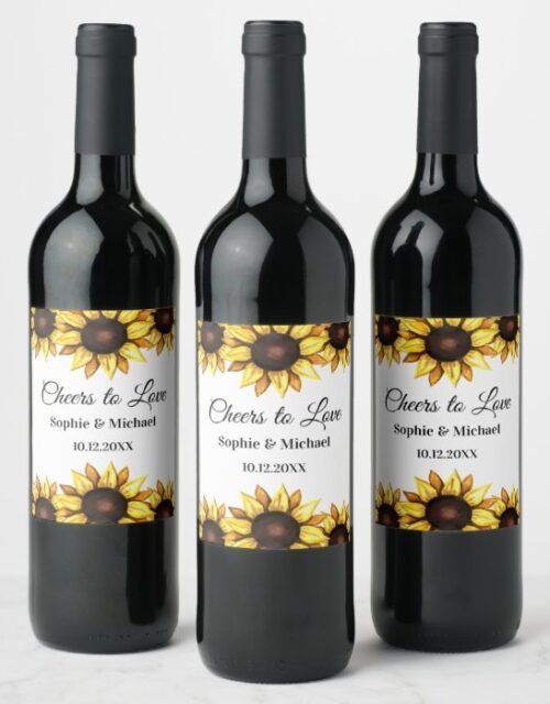 Sunflower Yellow White Wedding Cheers Elegant Wine Label