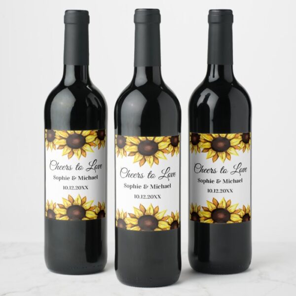 Sunflower Yellow White Wedding Cheers Elegant Wine Label