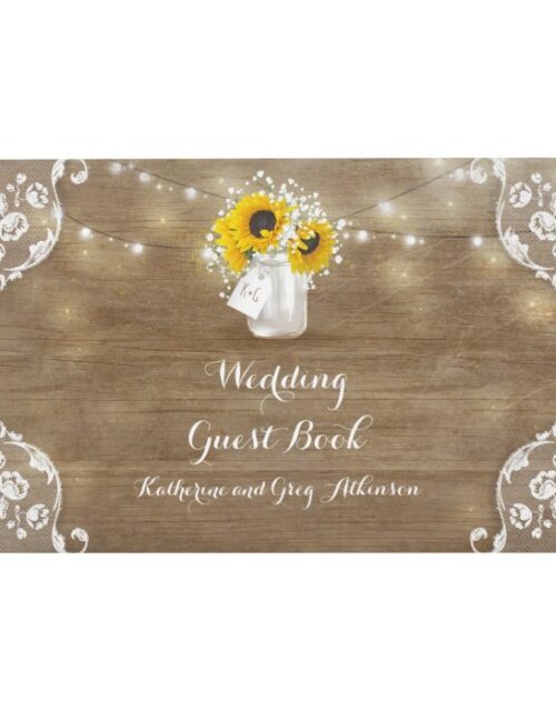 Sunflowers and Baby's Breath Rustic Wood Wedding Guest Book