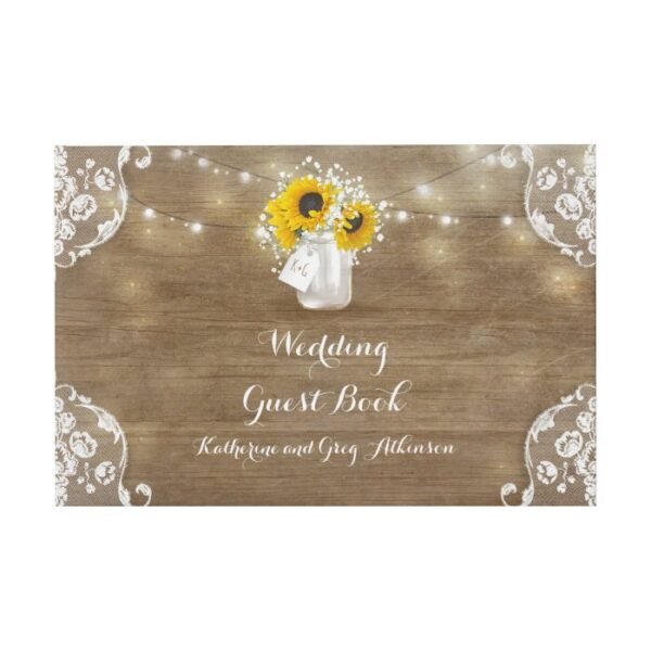 Sunflowers and Baby's Breath Rustic Wood Wedding Guest Book