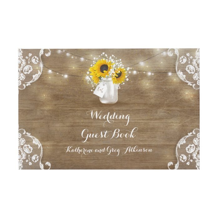 Sunflowers and Baby's Breath Rustic Wood Wedding Guest Book