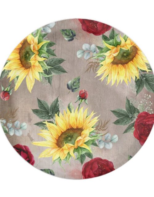 Sunflowers and Burgundy Red Roses Rustic Fall Paper Plate