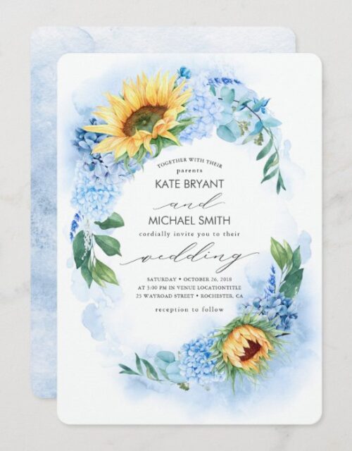 Sunflowers and Dusty Blue Hydrangea Floral Wedding Invitation