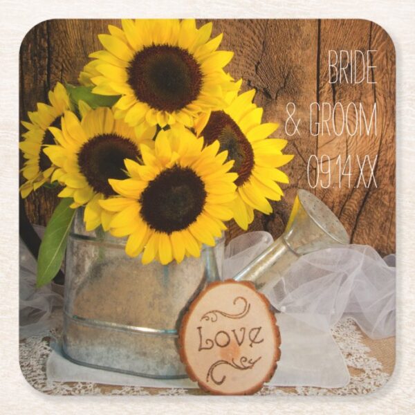Sunflowers and Garden Watering Can Barn Wedding Square Paper Coaster