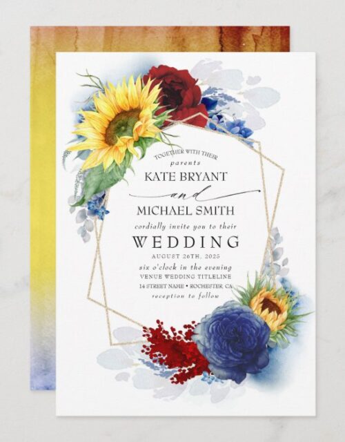 Sunflowers Burgundy Red and Navy Blue Fall Wedding Invitation
