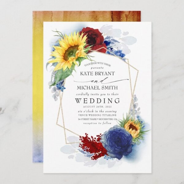 Sunflowers Burgundy Red and Navy Blue Fall Wedding Invitation