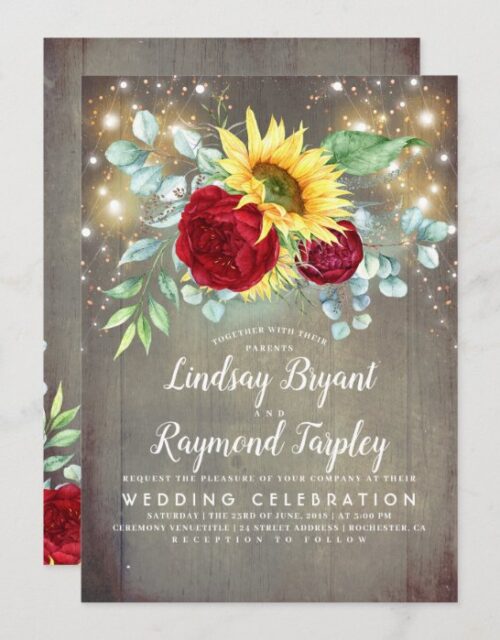 Sunflowers Burgundy Red Floral Rustic Fall Wedding Invitation