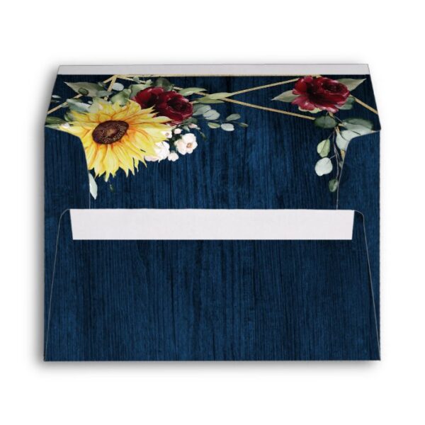 Sunflowers Burgundy Roses Navy Geometric Wedding Envelope