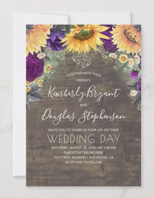 Sunflowers Purple Roses Daisies Rustic Wedding Invitation