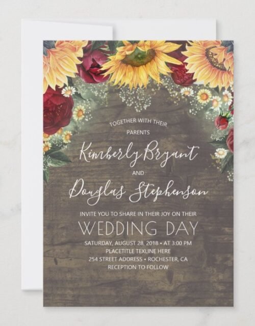 Sunflowers Red Roses Daisies Rustic Wedding Invitation