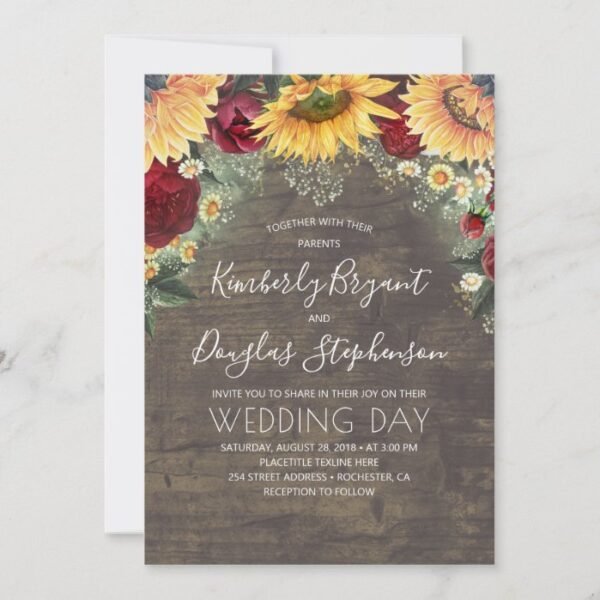 Sunflowers Red Roses Daisies Rustic Wedding Invitation