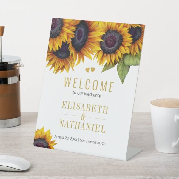 Sunflowers rustic wedding gold script welcome sign
