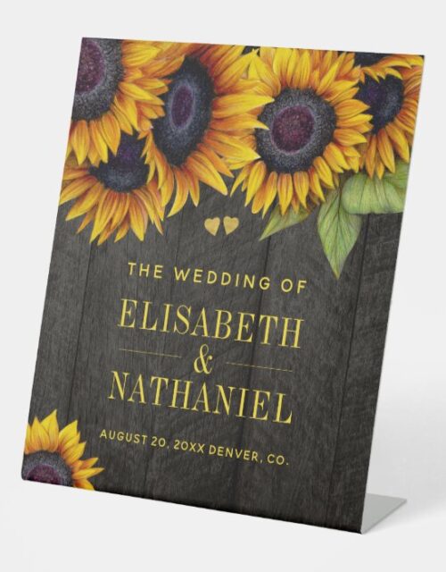 Sunflowers rustic wood wedding gold welcome sign