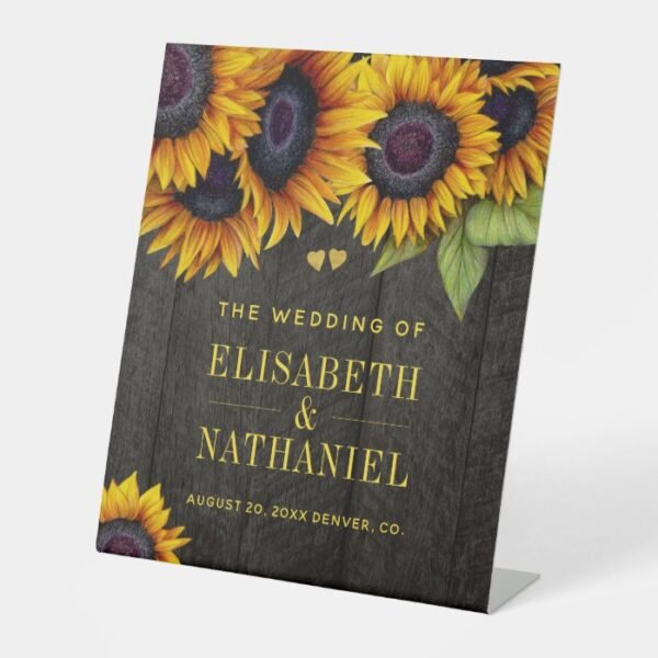 Sunflowers rustic wood wedding gold welcome sign