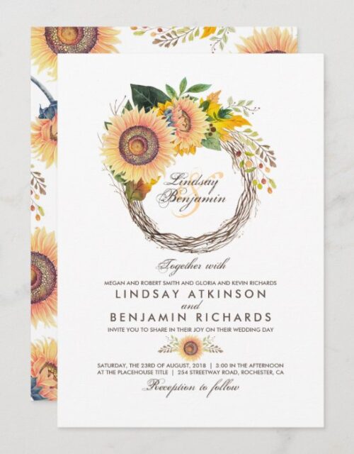 Sunflowers Wreath Rustic Fall Wedding Invitation