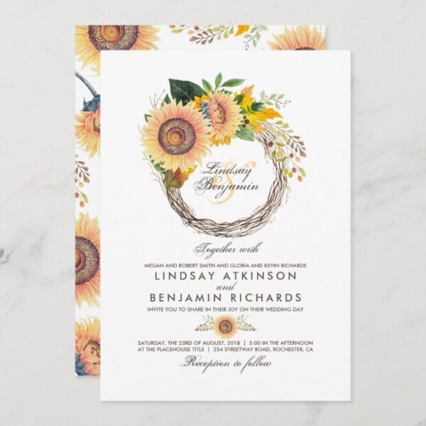 Sunflowers Wreath Rustic Fall Wedding Invitation