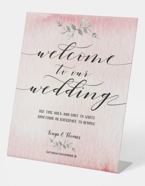 Swash Font Calligraphy Blush Pink Welcome Wedding Pedestal Sign