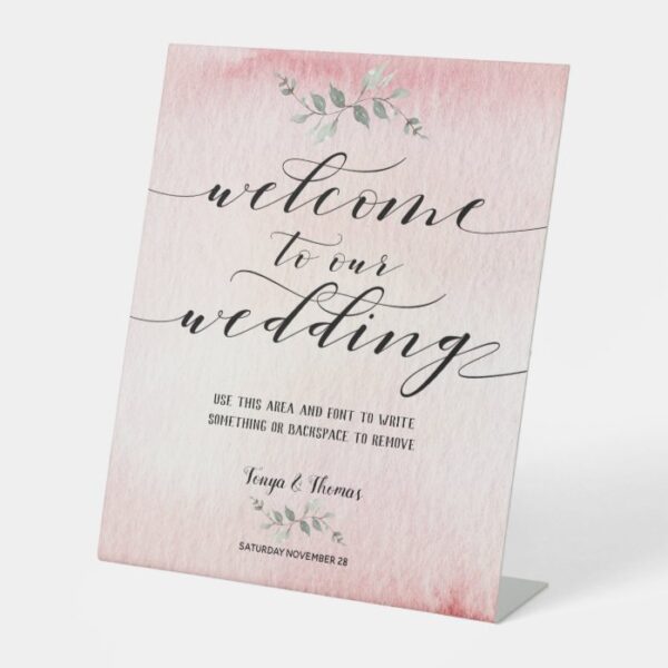 Swash Font Calligraphy Blush Pink Welcome Wedding Pedestal Sign