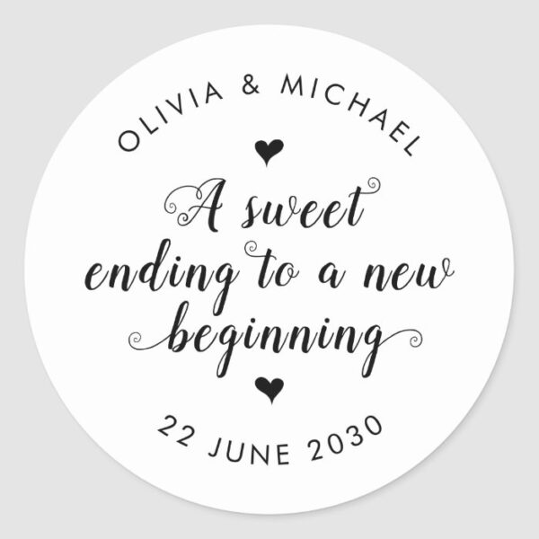 Sweet Ending New Beginning Wedding Simple Black Classic Round Sticker