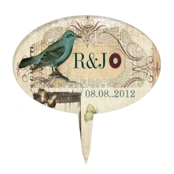 Teal Bird vintage floral botanical wedding Cake Topper