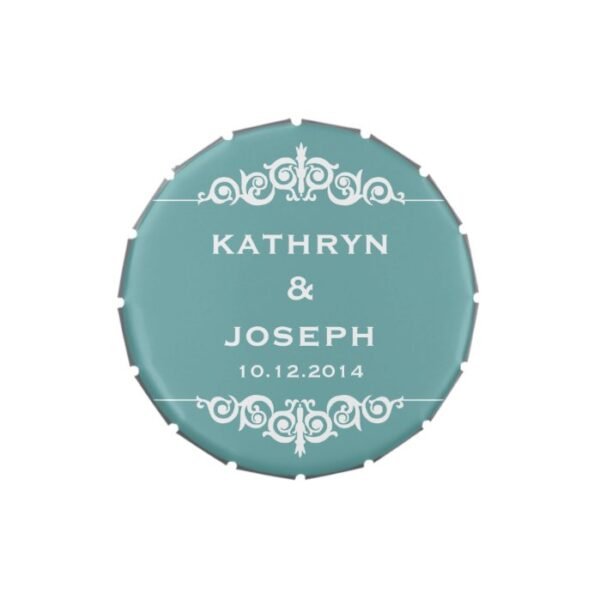 Teal blue Victorian scroll elegant wedding favor Jelly Belly Tin