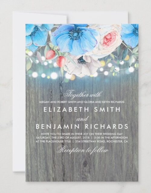 Teal Floral Rustic String Lights Wedding Invitation