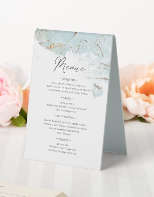 textured blue gold table number and wedding menu table tent sign