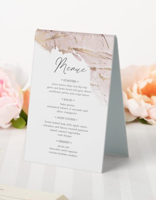 textured rose gold table number and wedding menu table tent sign