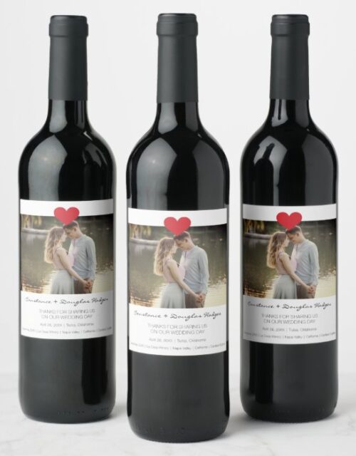 Thank You Heart Wedding Photo Engaged Couple Wine Label